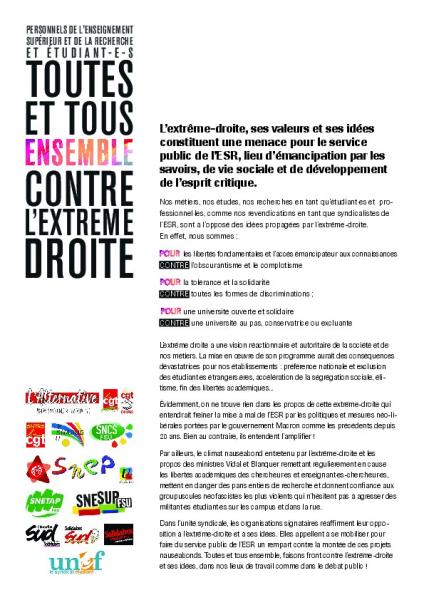 Toutes et tous ensemble contre l’extrême droite -  Appel unitaire du  17 mars 2022 Toutes et tous ensemble contre l’extrême droite -  Appel unitaire du  17 mars 2022