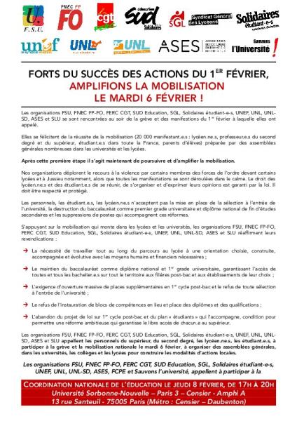 FORTS DU SUCCÈS DES ACTIONS DU 1ER FÉVRIER, AMPLIFIONS LA MOBILISATION  LE MARDI 6 FÉVRIER !