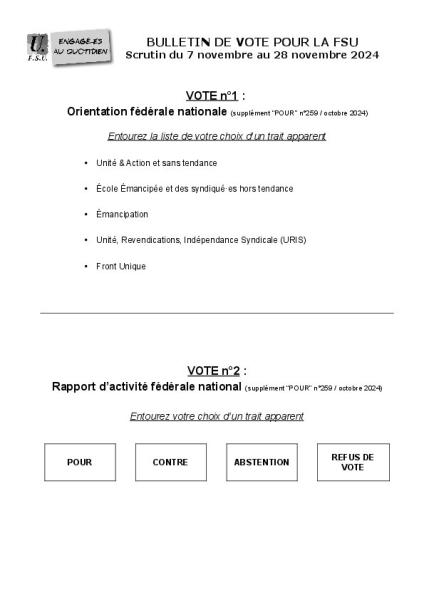 Bulletin de vote Congrès FSU 2025