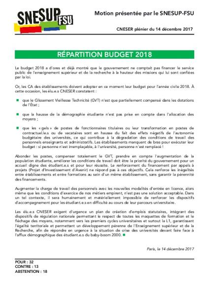 Motion CNESER : RÉPARTITION BUDGET 2018