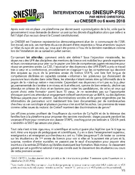 INTERVENTION DU SNESUP-FSU AU CNESER DU 6 MARS 2018