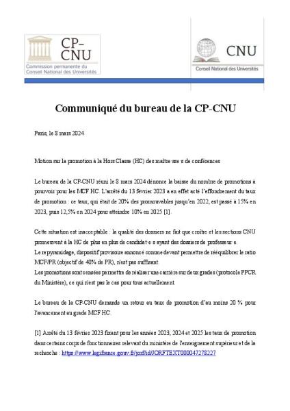 promotion à la hors-classe des maître·sse·s de conférences : communiqué de la CP-CNU du 8 mars 2024