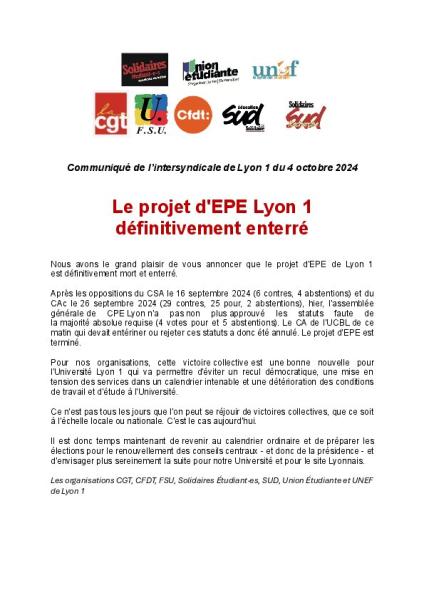 Le projet d'EPE Lyon 1 définitivement enterré - Communiqué de l'intersyndicale Lyon du 4 octobre 2024