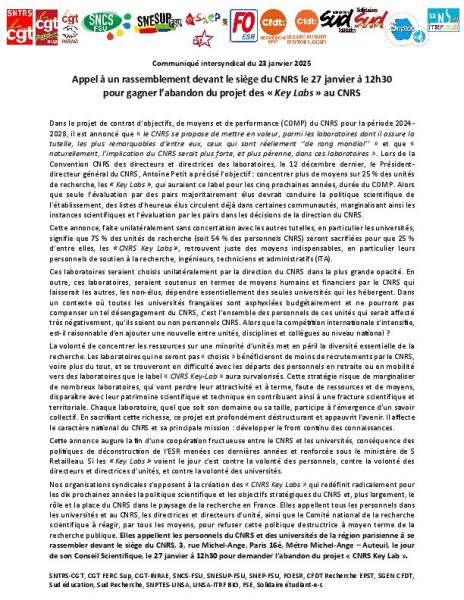 Rassemblement devant le CNRS lundi 27 janvier à 12h30 contre les Key Labs - Communiqué intersyndical du 23 janvier 2025