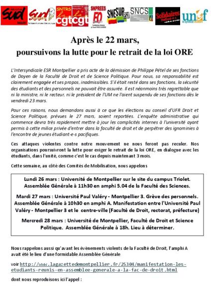 MONTPELLIER : Communiqué de l'intersyndicale ESR - 25 mars 2018