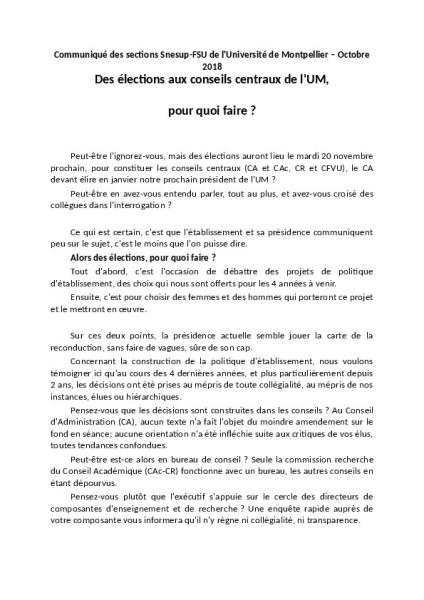 Des élections aux conseils centraux de l'UM, pour quoi faire ? - Communiqué des sections SNESUP-FSU de l'Université de Montpellier, 8 octobre 2018