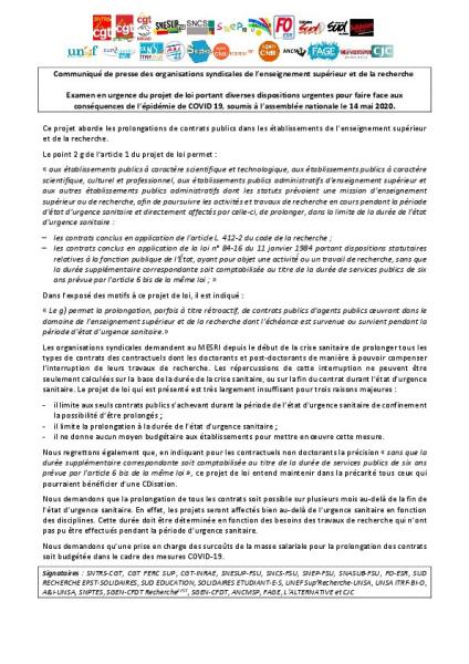 Communiqué intersyndical ESR sur le projet de loi « portant diverses dispositions urgentes pour faire face à l'épidémie de covid-19 » soumis à l’assemblée nationale le 14 mai 2020 Communiqué intersyndical ESR sur le projet de loi « portant diverses dispositions urgentes pour faire face à l'épidémie de covid-19 » soumis à l’assemblée nationale le 14 mai 2020