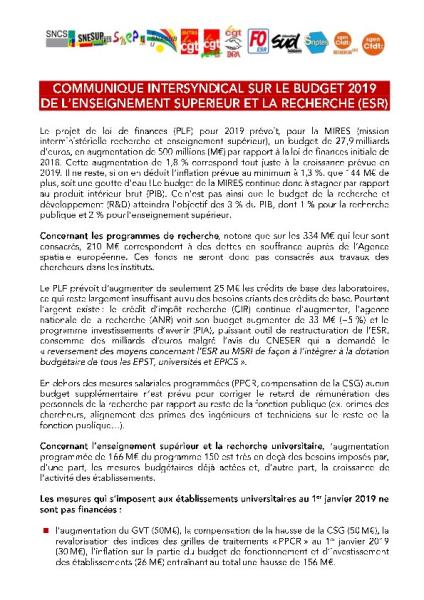 Communiqué intersyndical sur le budget 2019 de l’enseignement supérieur et la recherche, 16 novembre 2018 Communiqué intersyndical sur le budget 2019 de l’enseignement supérieur et la recherche, 16 novembre 2018