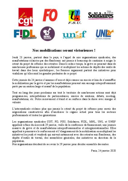 Nos mobilisations seront victorieuses ! - Communiqué Interprofessionnel du 24 janvier 2020 Nos mobilisations seront victorieuses ! - Communiqué Interprofessionnel du 24 janvier 2020
