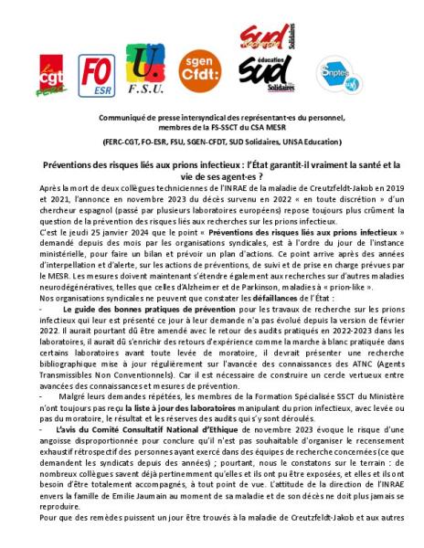 Formation spécialisée SSCT ministérielle du 25 janvier 2024 : avis votés et communiqué  intersyndical