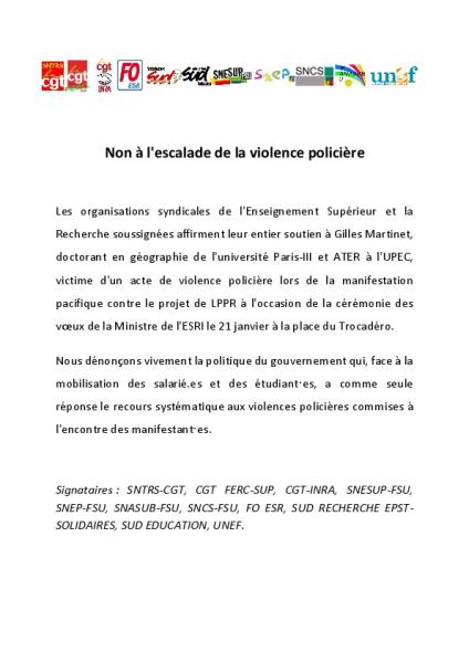 Non à l'escalade de la violence policière ! - CP intersyndical ESR du 24 janvier 2020 Non à l'escalade de la violence policière ! - CP intersyndical ESR du 24 janvier 2020