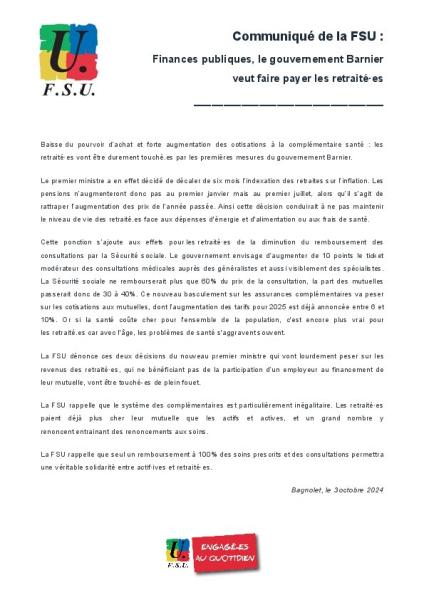 Finances publiques, le gouvernement Barnier veut faire payer les retraité·es - Communiqué de presse FSU du 3 octobre 2024