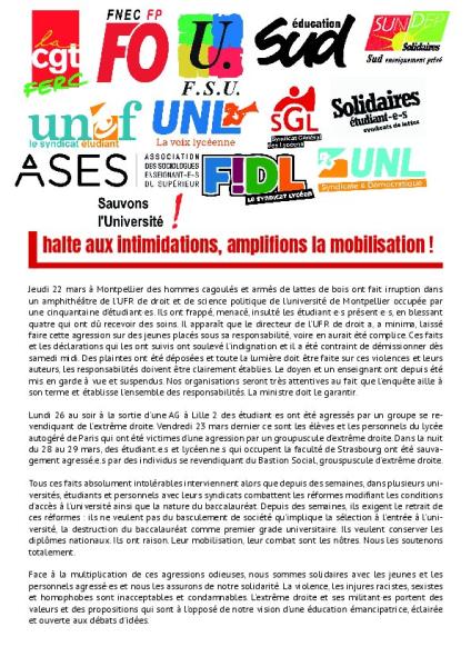 Halte aux intimidations, amplifions la mobilisation ! Communiqué interfédéral du 29 mars 2018