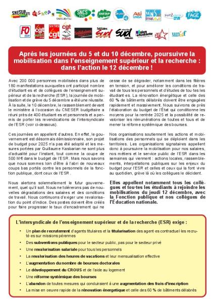 Après les journées du 5 et du 10 décembre, poursuivre la mobilisation dans l’ESR : dans l’action le 12 décembre ! - Communiqué intersyndical du 11 décembre 2024 