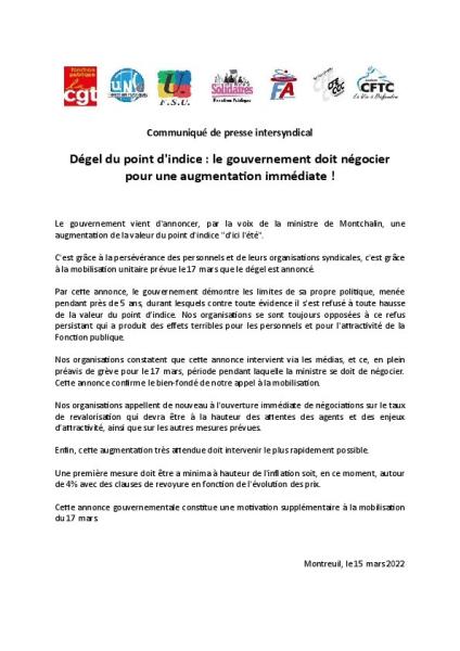 Dégel du point d'indice : le gouvernement doit négocier pour une augmentation immédiate ! - Communiqué de presse intersyndical du 15 mars 2022 