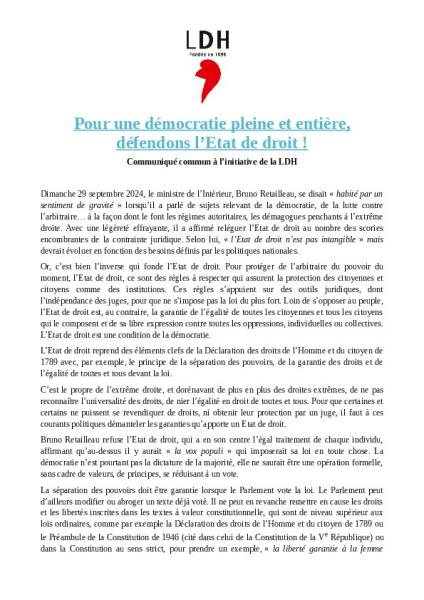 Pour une démocratie pleine et entière, défendons l’Etat de droit ! - Communiqué commun à l’initiative de la LDH