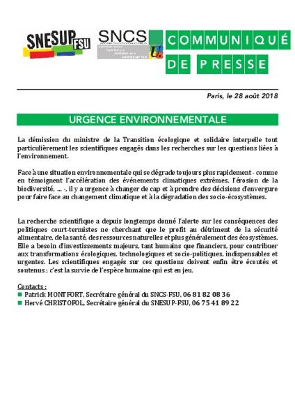 Urgence environnementale - Communiqué de presse du SNCS-FSU et du SNESUP-FSU, 28 août 2018