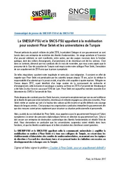 Pinar Selek : Le SNESUP-FSU et le SNCS-FSU appellent à la mobilisation pour soutenir Pinar Selek et les universitaires de Turquie