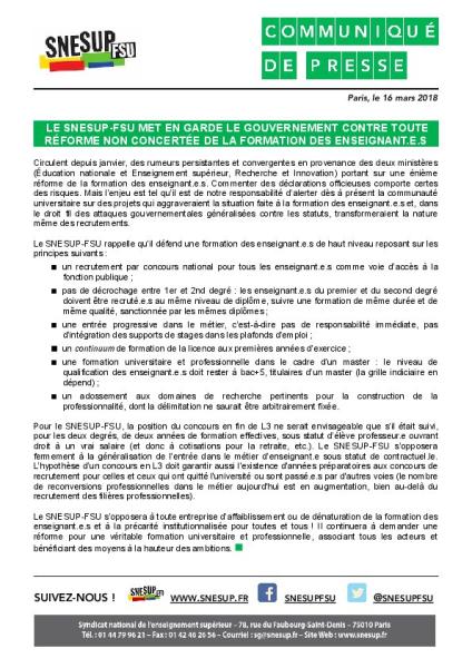  Le SNESUP-FSU met en garde le gouvernement contre toute réforme non concertée de la formation des enseignant.e.s