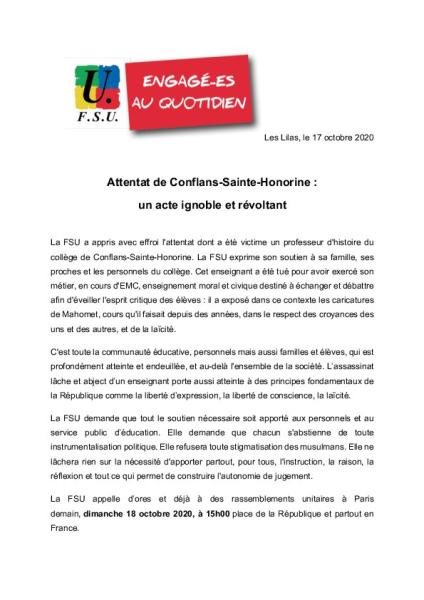 Attentat de Conflans-Sainte-Honorine : un acte ignoble et révoltant - Communiqué FSU du 17 octobre 2020