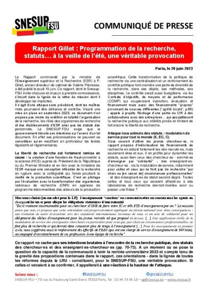 Rapport Gillet : Programmation de la recherche, statuts… à la veille de l’été, une véritable provocation - Communiqué du 20 juin 2023 Rapport Gillet : Programmation de la recherche, statuts… à la veille de l’été, une véritable provocation - Communiqué du 20 juin 2023