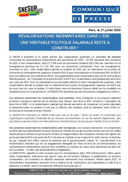 Revalorisations indemnitaires dans l’ESR : une véritable politique salariale reste à construire ! - Communiqué de presse du 22 juillet 2020 Revalorisations indemnitaires dans l’ESR : une véritable politique salariale reste à construire ! - Communiqué de presse du 22 juillet 2020