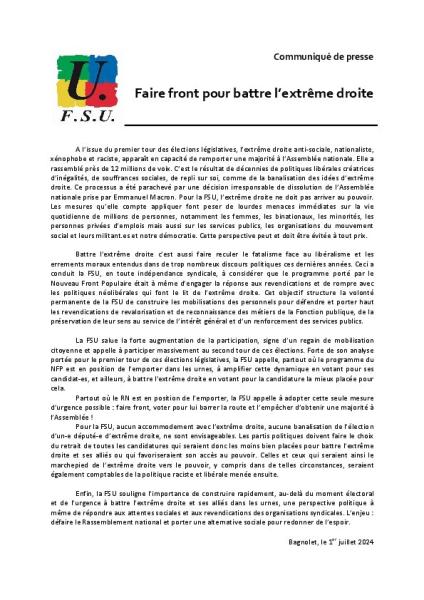 Faire front pour battre l'extrême droite -  Communiqué de presse FSU du 1er juillet 2024 Faire front pour battre l'extrême droite -  Communiqué de presse FSU du 1er juillet 2024