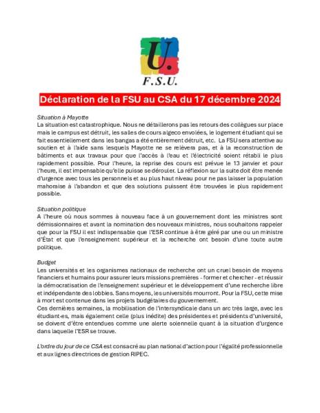 Déclaration de la FSU au CSA du 17 décembre 2024