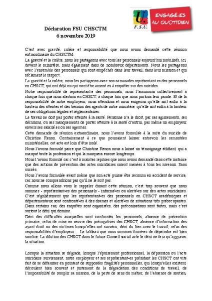 Conditions de travail : déclaration de la FSU au CHSCT-MEN du 6 novembre 2019 Conditions de travail : déclaration de la FSU au CHSCT-MEN du 6 novembre 2019