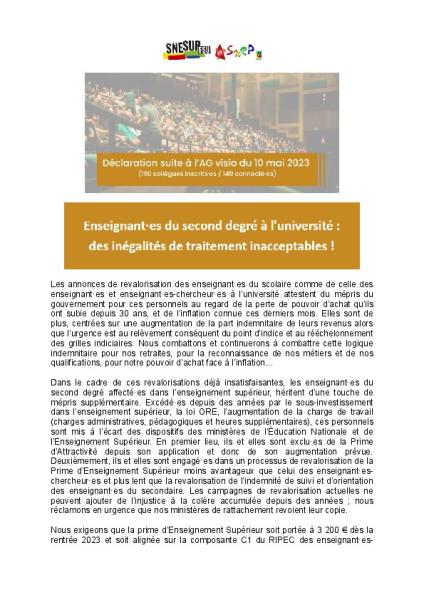 Enseignant·es du second degré à l'université : des inégalités de traitement inacceptables ! - Déclaration SNESUP/SNEP-FSU suite à l'AG du 10 mai 2023 Enseignant·es du second degré à l'université : des inégalités de traitement inacceptables ! - Déclaration SNESUP/SNEP-FSU suite à l'AG du 10 mai 2023
