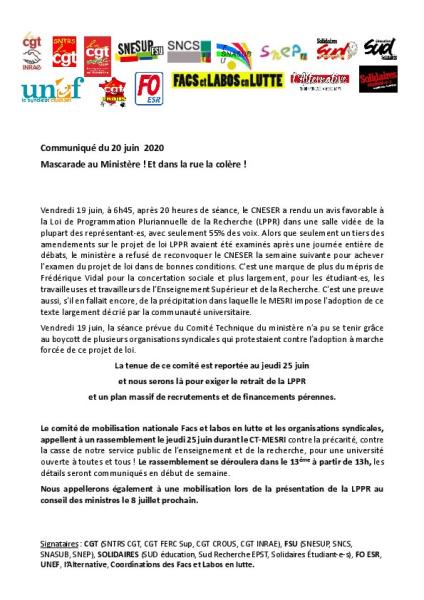 Mascarade au Ministère ! Et dans la rue colère ! - Communiqué intersyndical du 20 juin 2020