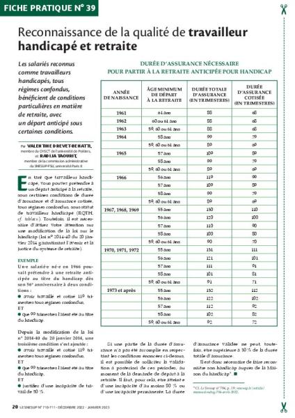 Fiche pratique n° 39 – Reconnaissance de la qualité de travailleur handicapé et retraite