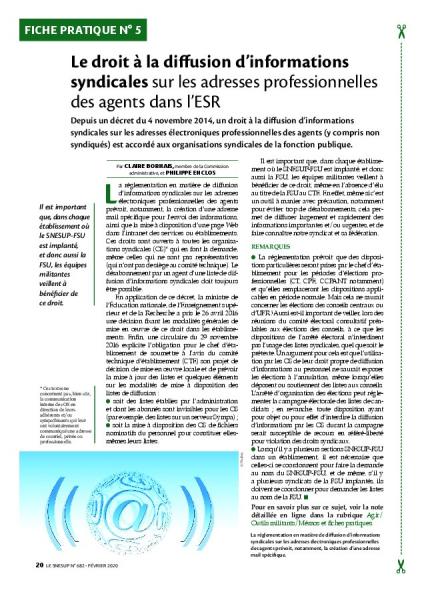 Fiche pratique n° 5 – Le droit à la diffusion d’informations syndicales sur les adresses professionnelles des agents dans l’ESR