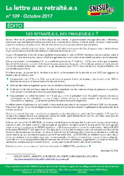 La lettre aux retraité.e.s n° 109 - Octobre 2017 La lettre aux retraité.e.s n° 109 - Octobre 2017