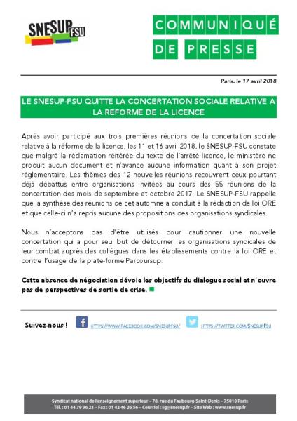 LE SNESUP-FSU QUITTE LA CONCERTATION SOCIALE RELATIVE A LA REFORME DE LA LICENCE - Communiqué de presse du 17 avril 2018