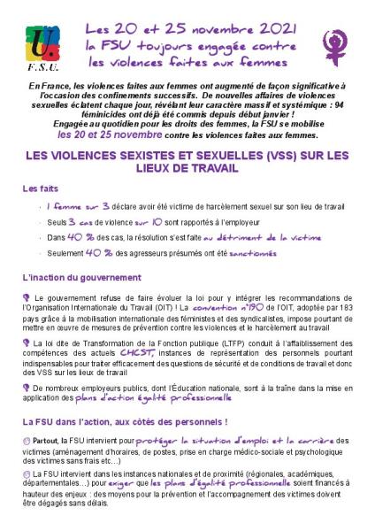 Les 20 et 25 novembre 2021, la FSU toujours engagée contre les violences faites aux femmes