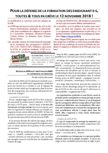 La Lettre FDE - Novembre 2018 - Éléments pour la mobilisation du Lundi 12 novembre 2018