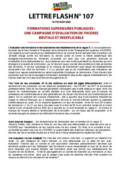 Formations supérieures publiques : une évaluation de l'HCERES brutale et inexplicable - Lettre flash n°107 du 18 février 2025