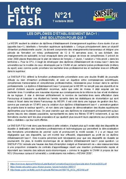 Les diplômes d’établissement bac+1 :  une solution pour qui ? - Lettre flash n°21 du 7 octobre 2020 Les diplômes d’établissement bac+1 :  une solution pour qui ? - Lettre flash n°21 du 7 octobre 2020