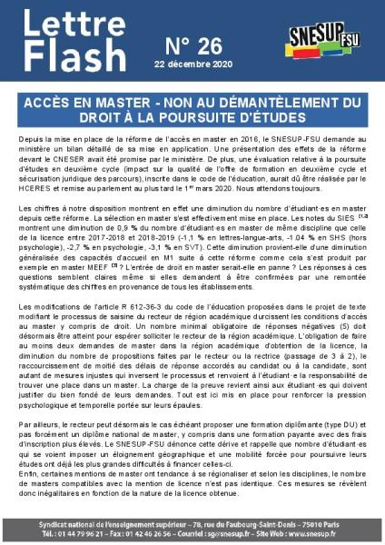 Accès en master - Non au démantèlement du droit à la poursuite d'études - Lettre flash n°26 du 22 décembre 2020