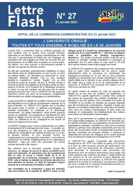 L’université craque :  toutes et tous ensemble mobilisé·es le 26 janvier - Lettre flash n°27 - Appel de la CA du 21 janvier 2021 L’université craque :  toutes et tous ensemble mobilisé·es le 26 janvier - Lettre flash n°27 - Appel de la CA du 21 janvier 2021