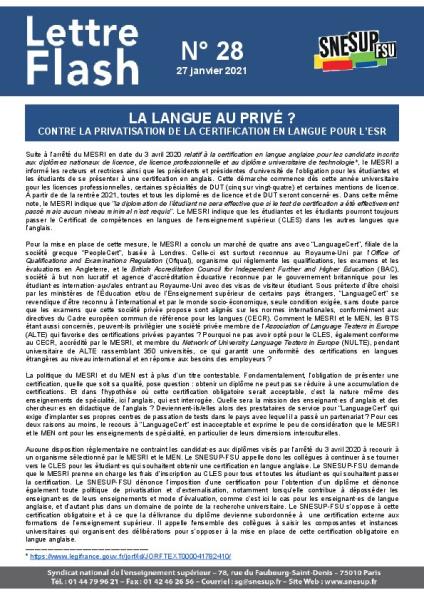 La langue au privé ? Contre la privatisation de la certification en langue pour l’ESR - Lettre flash n°28 du 27 janvier 2021