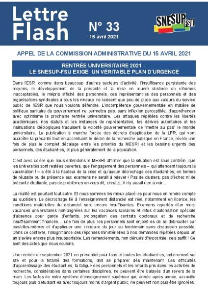 Rentrée universitaire 2021 :  le SNESUP-FSU exige un véritable plan d’urgence - Lettre flash n°33 - Appel de la CA du 15 avril 2021