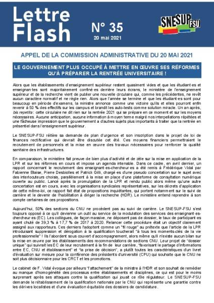 Le gouvernement plus occupé à mettre en œuvre ses réformes qu’à préparer la rentrée universitaire ! - Lettre flash n°35 - Appel de la CA du 20 mai 2021