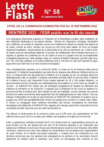 RENTREE 2022 : l'ESR public sur le fil du rasoir - Appel de la commission administrative du 15 septembre 2022 - Lettre flash n°58