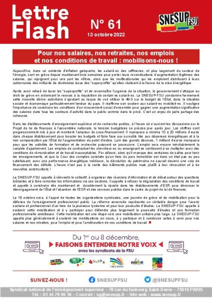 Pour nos salaires, nos retraites, nos emplois et nos conditions de travail : mobilisons-nous ! - Appel de la commission administrative du 13 octobre 2022 - Lettre flash n°61