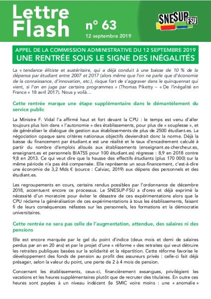 UNE RENTRÉE SOUS LE SIGNE DES INÉGALITÉS - Lettre flash N° 63