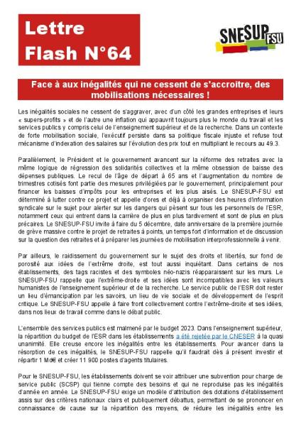 Face à aux inégalités qui ne cessent de s'accroître, des mobilisations nécessaires ! - Appel de la Commission administrative du SNESUP-FSU du 17 novembre 2022 - Lettre flash n°64