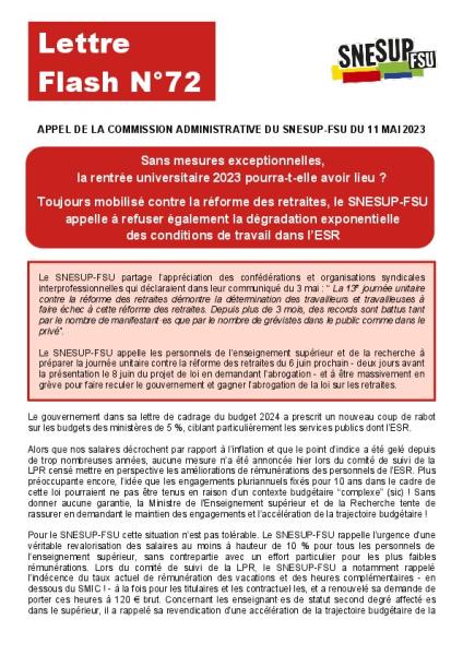 Sans mesures exceptionnelles, la rentrée universitaire 2023 pourra-t-elle avoir lieu ? - Appel de la Commission administrative du SNESUP-FSU du 11 mai 2023 - Lettre flash n°72