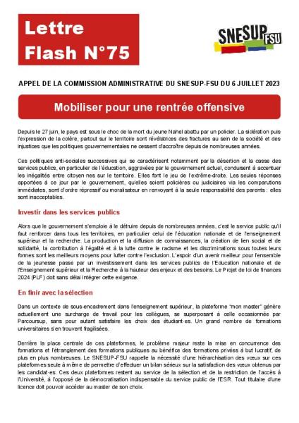 Mobiliser pour une rentrée offensive -  Appel de la Commission administrative du SNESUP-FSU du 6 juillet 2023 - Lettre flash n°75